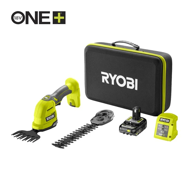 RYOBI 18 V ONE+ Akku-Gras- u. Strauchschere, Schnittstärke 8 mm, inkl. 1 x 18 V 2,0 Ah Lithium+ Akku, Ladegerät und Tasche