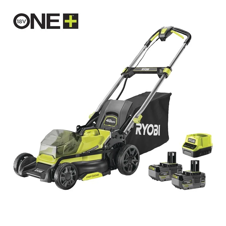 RYOBI 18 V ONE+ Brushless Akku-Rasenmäher, Schnittbreite 40 cm, inkl. 2 x 18 V 4,0 Ah Lithium+ Akku und Ladegerät
